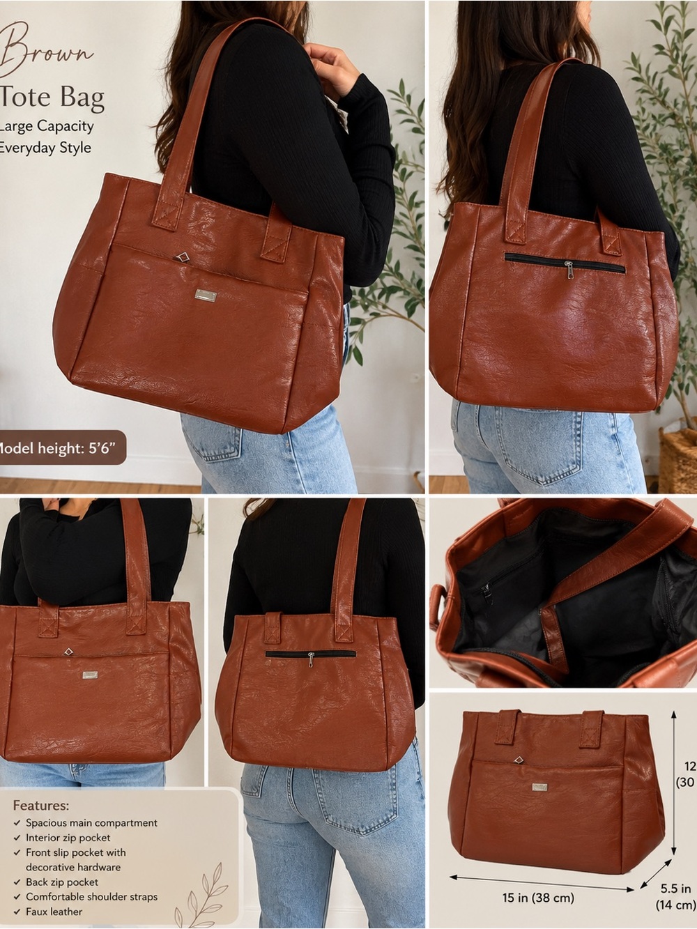 Women's Brown Faux Leather Tote Bag – Everyday Shoulder Tote